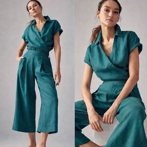Athleta Playa Womens Medium Wrap Top Pants Size 10 Teal 100% Linen SET 2 Pc